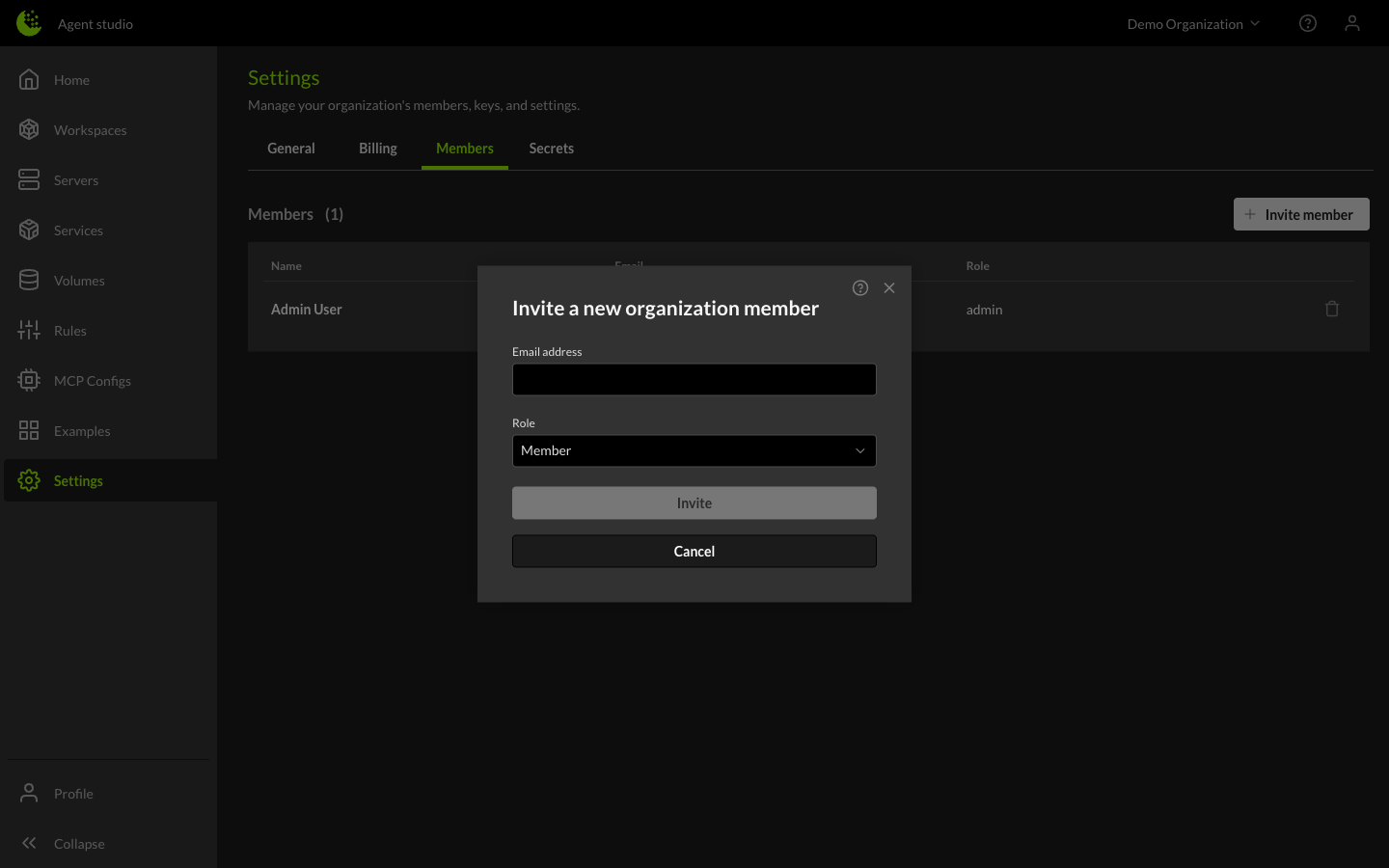 Invite member dialog on the Settings Members tab
