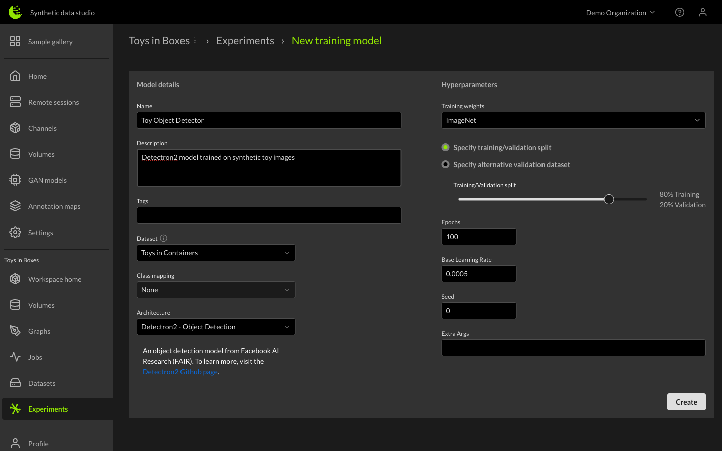 Model Training Parameters Menu